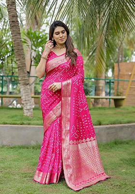 Rani Pink Bandhani Print Silk Saree Set