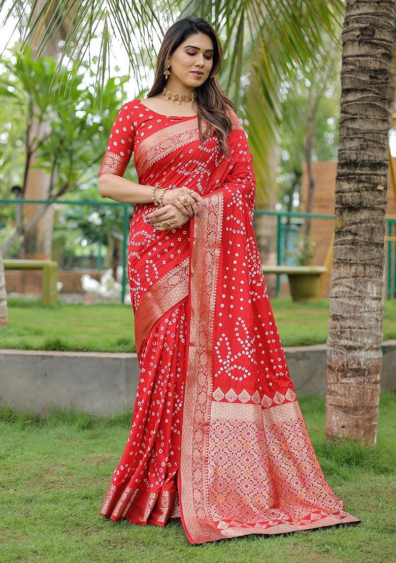 Red Bandhani Print Silk Saree Set