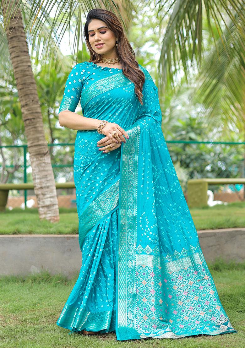 Sky Blue Bandhani Print Silk Saree Set