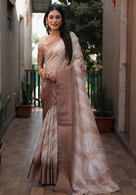 Brown Printed Silk Saree Set