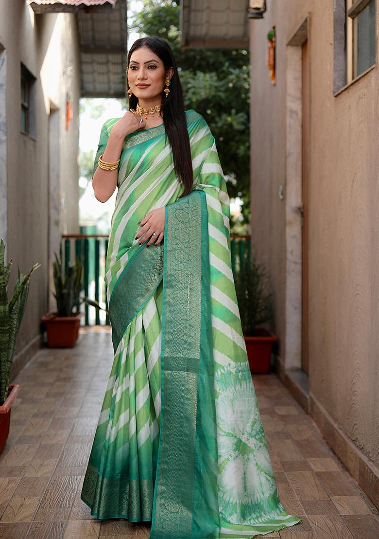 Light Green Printed Silk Saree Set