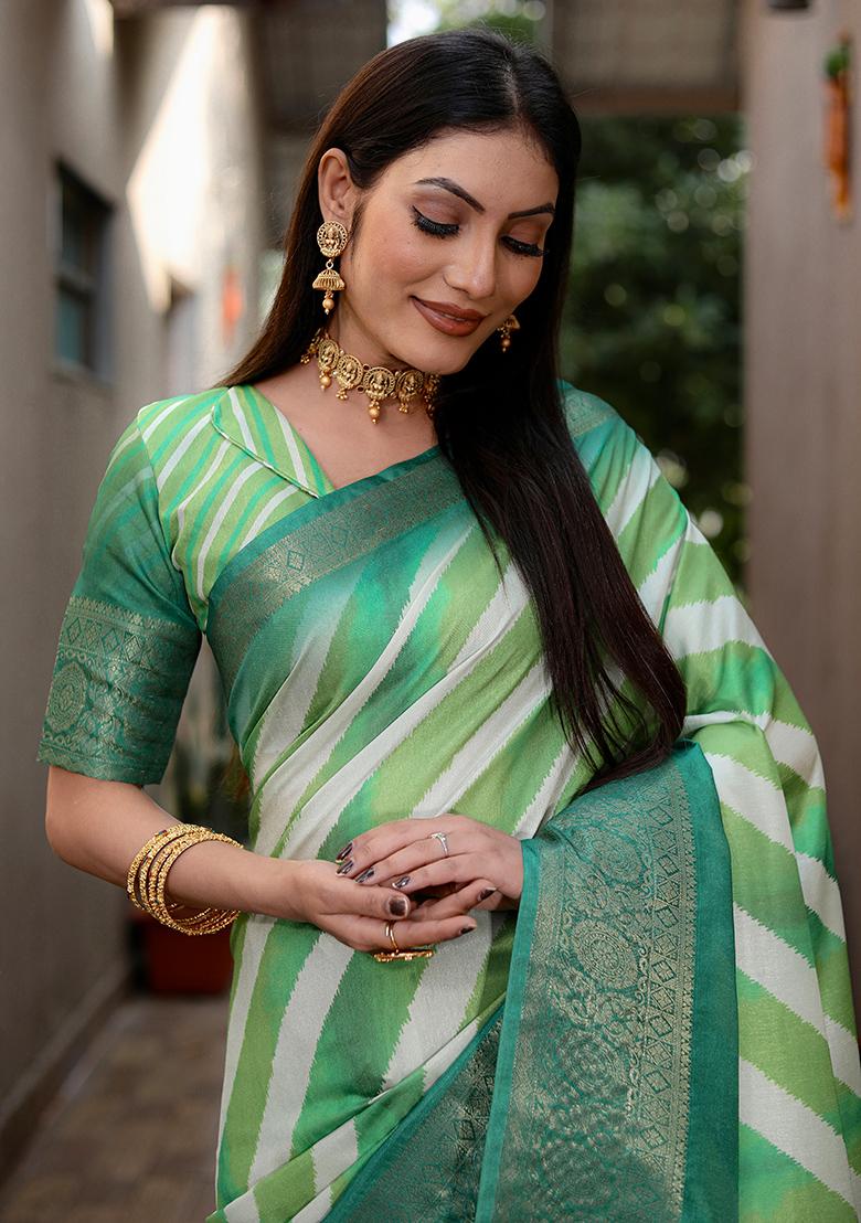 Light Green Printed Silk Saree Set