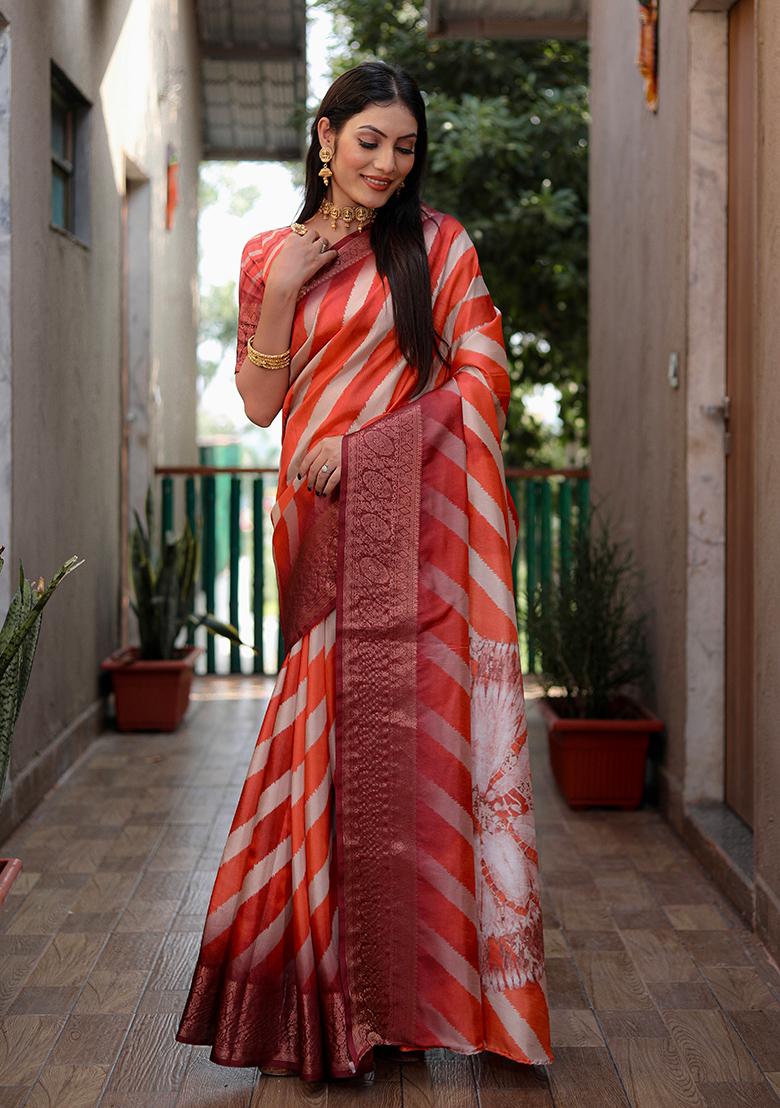 Orange Printed Silk Saree Set