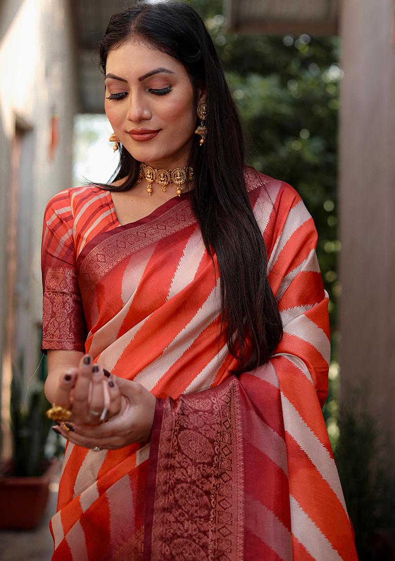 Orange Printed Silk Saree Set