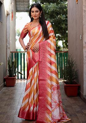 Yellow Printed Silk Saree Set