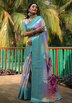 Light Blue digital print Silk Saree Set