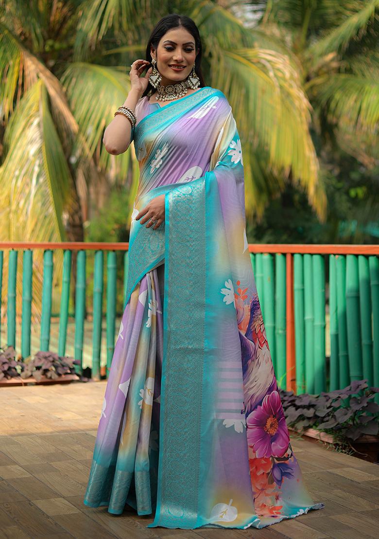 Light Blue digital print Silk Saree Set