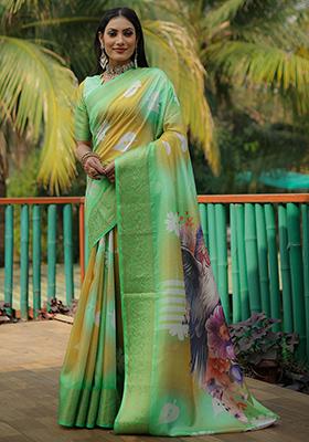 Light Green digital print Silk Saree Set