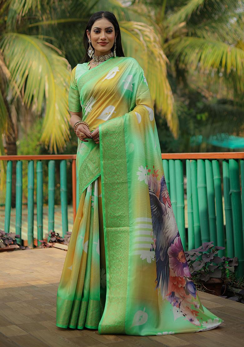 Light Green digital print Silk Saree Set