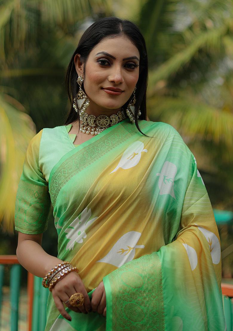 Light Green digital print Silk Saree Set