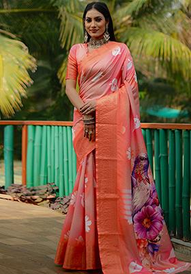 Orange digital print Silk Saree Set