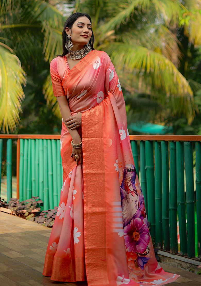 Orange digital print Silk Saree Set