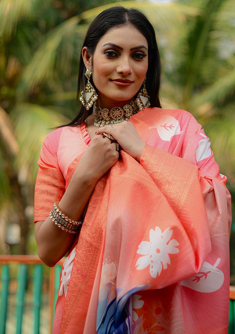 Orange digital print Silk Saree Set