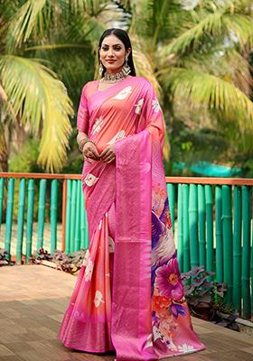 Rani Pink digital print Silk Saree Set
