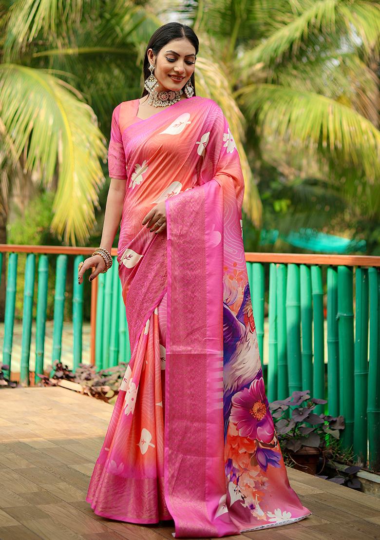 Rani Pink digital print Silk Saree Set