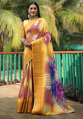 Yellow digital print Silk Saree Set