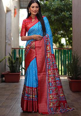 Blue Kalamkari Print Silk Saree Set