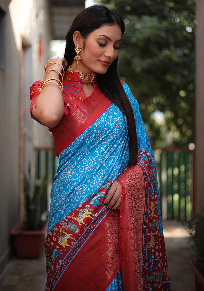 Blue Kalamkari Print Silk Saree Set