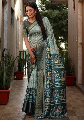 Green Kalamkari Print Silk Saree Set