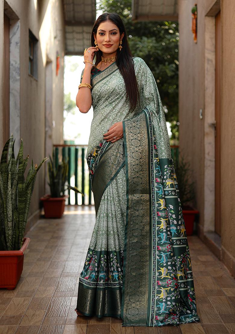 Green Kalamkari Print Silk Saree Set