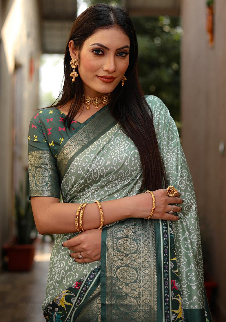 Green Kalamkari Print Silk Saree Set