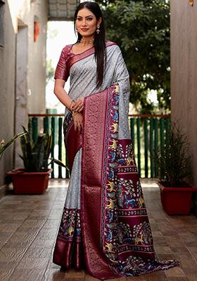 Grey Kalamkari Print Silk Saree Set