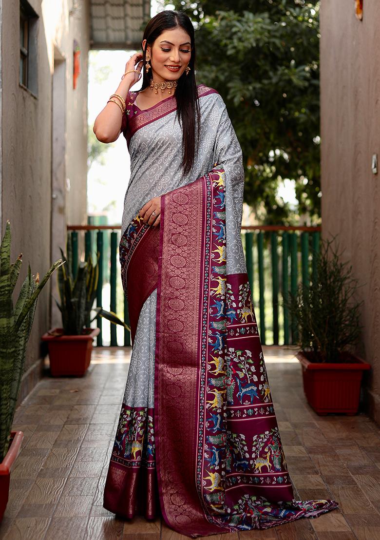 Grey Kalamkari Print Silk Saree Set