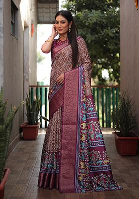 Maroon Kalamkari Print Silk Saree Set
