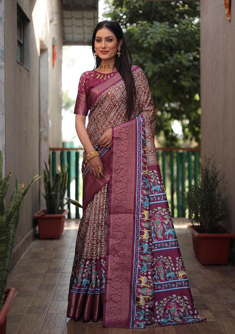 Maroon Kalamkari Print Silk Saree Set