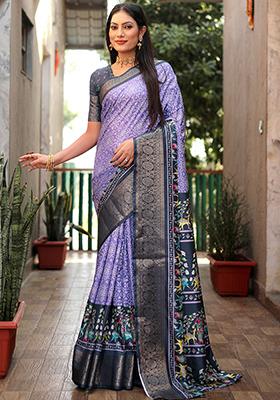 Purple Kalamkari Print Silk Saree Set