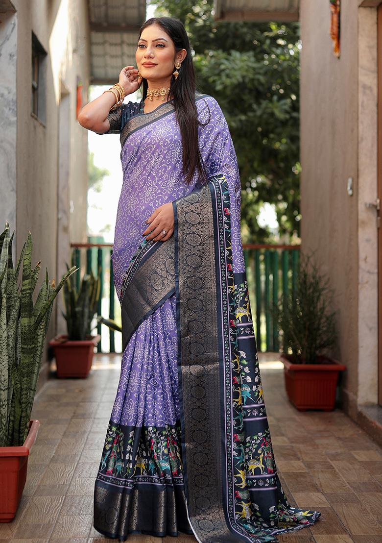 Purple Kalamkari Print Silk Saree Set