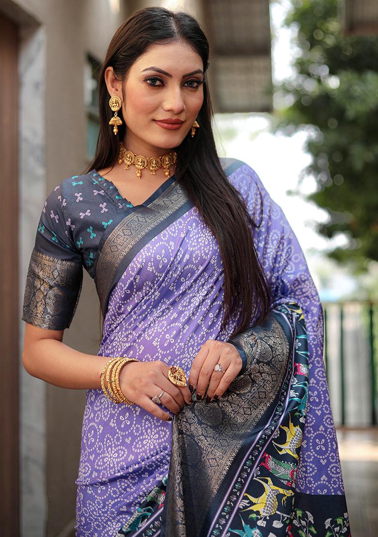 Purple Kalamkari Print Silk Saree Set