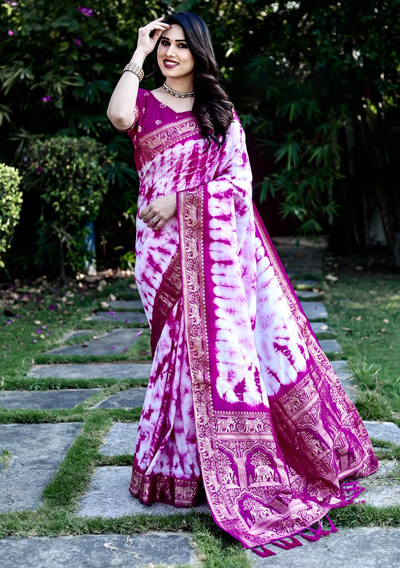 Dark Pink Printed Silk Saree Set