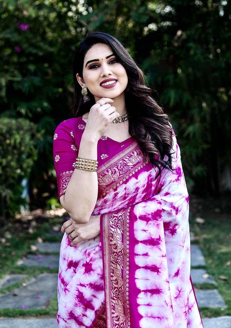 Dark Pink Printed Silk Saree Set