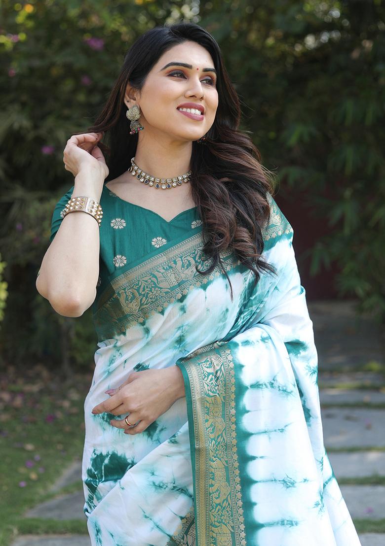 Light Green Printed Silk Saree Set