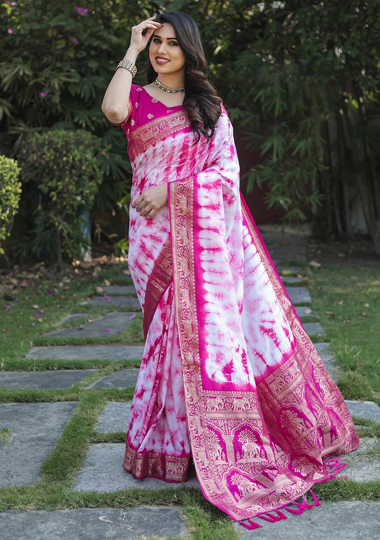 Light Pink Printed Silk Saree Set