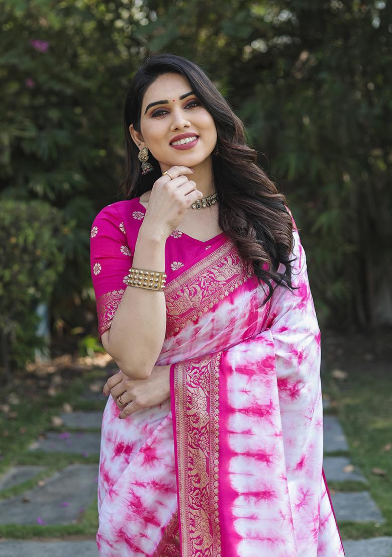 Light Pink Printed Silk Saree Set