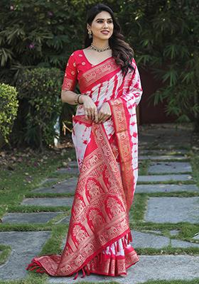 Red Printed Silk Saree Set