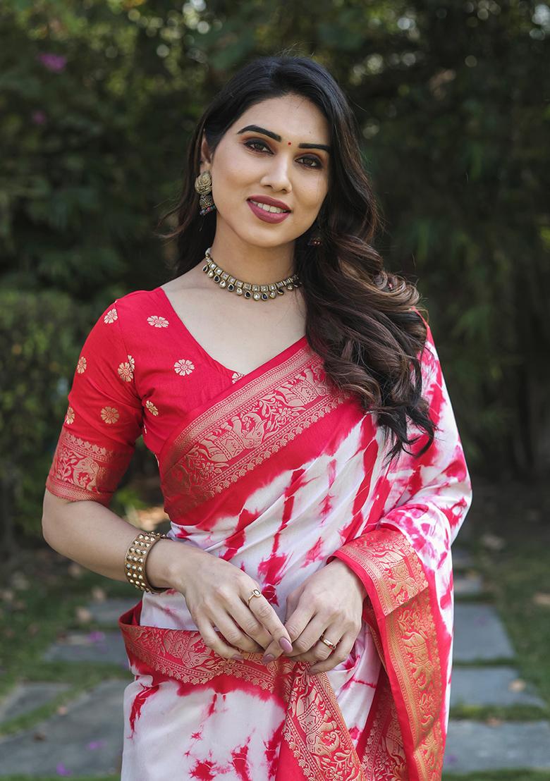 Red Printed Silk Saree Set