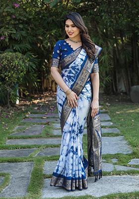 Sky Blue Printed Silk Saree Set