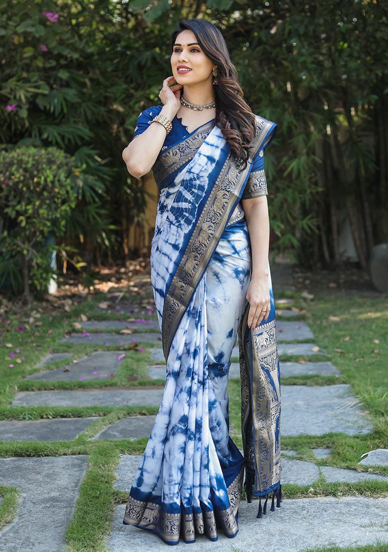 Sky Blue Printed Silk Saree Set