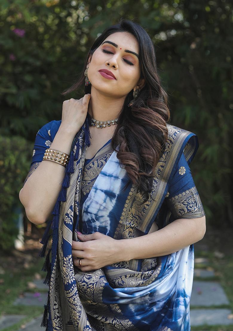 Sky Blue Printed Silk Saree Set