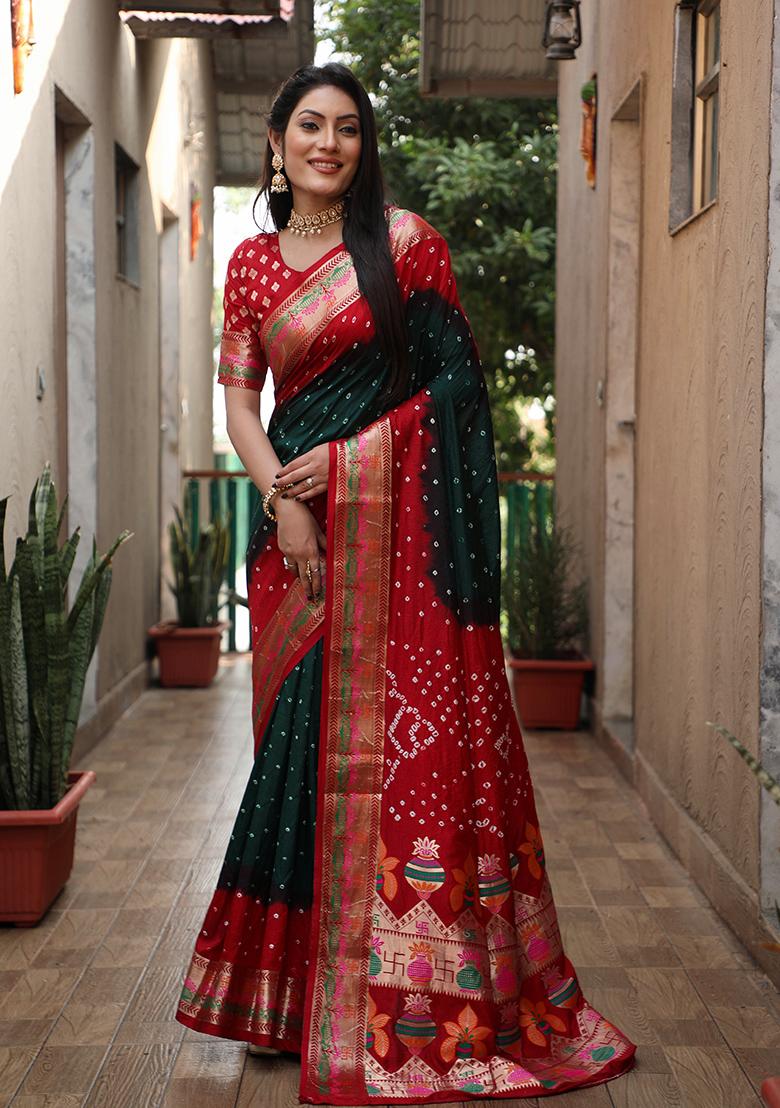 Dark Green Zari Work Silk Saree Set