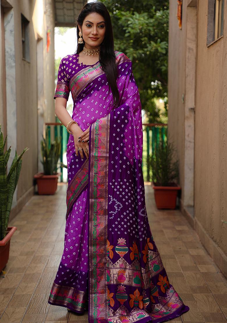 Purple Zari Work Silk Saree Set
