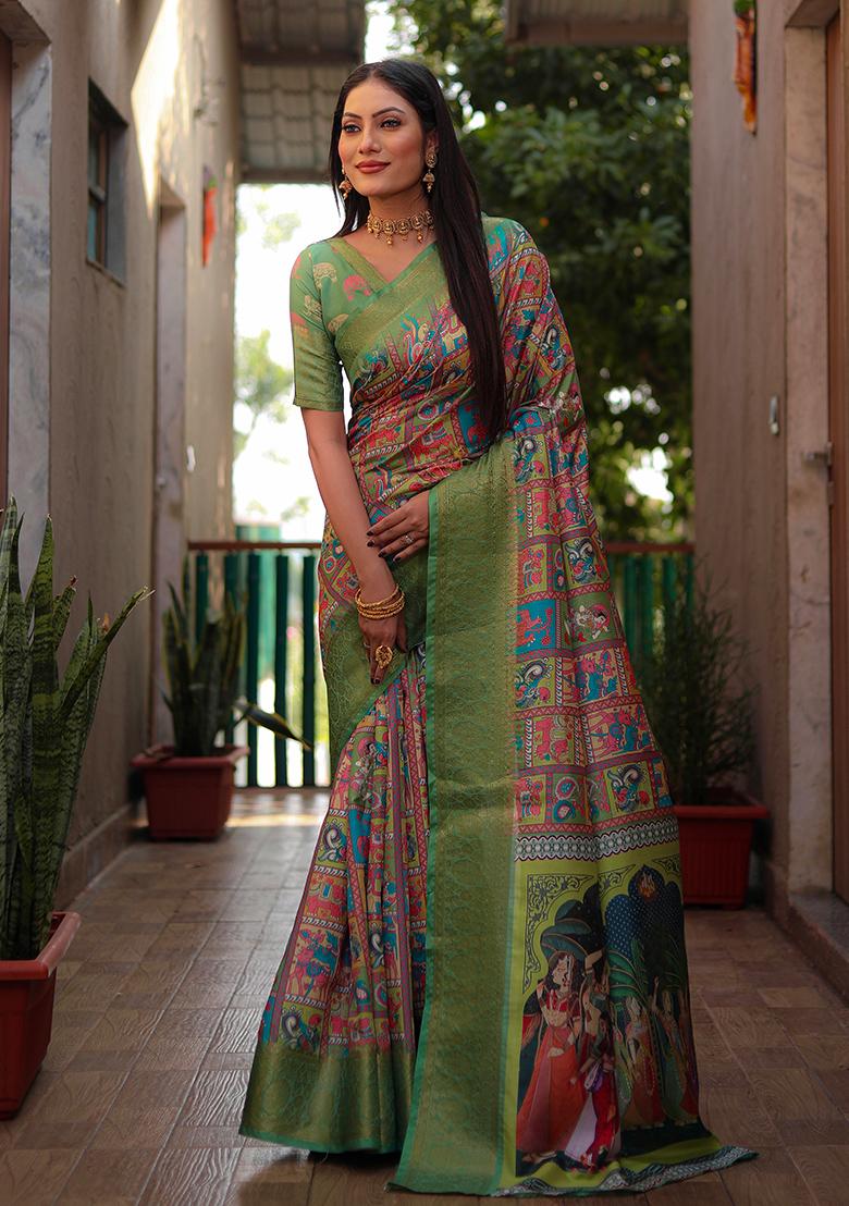 Green Kalamkari Print Silk Saree Set