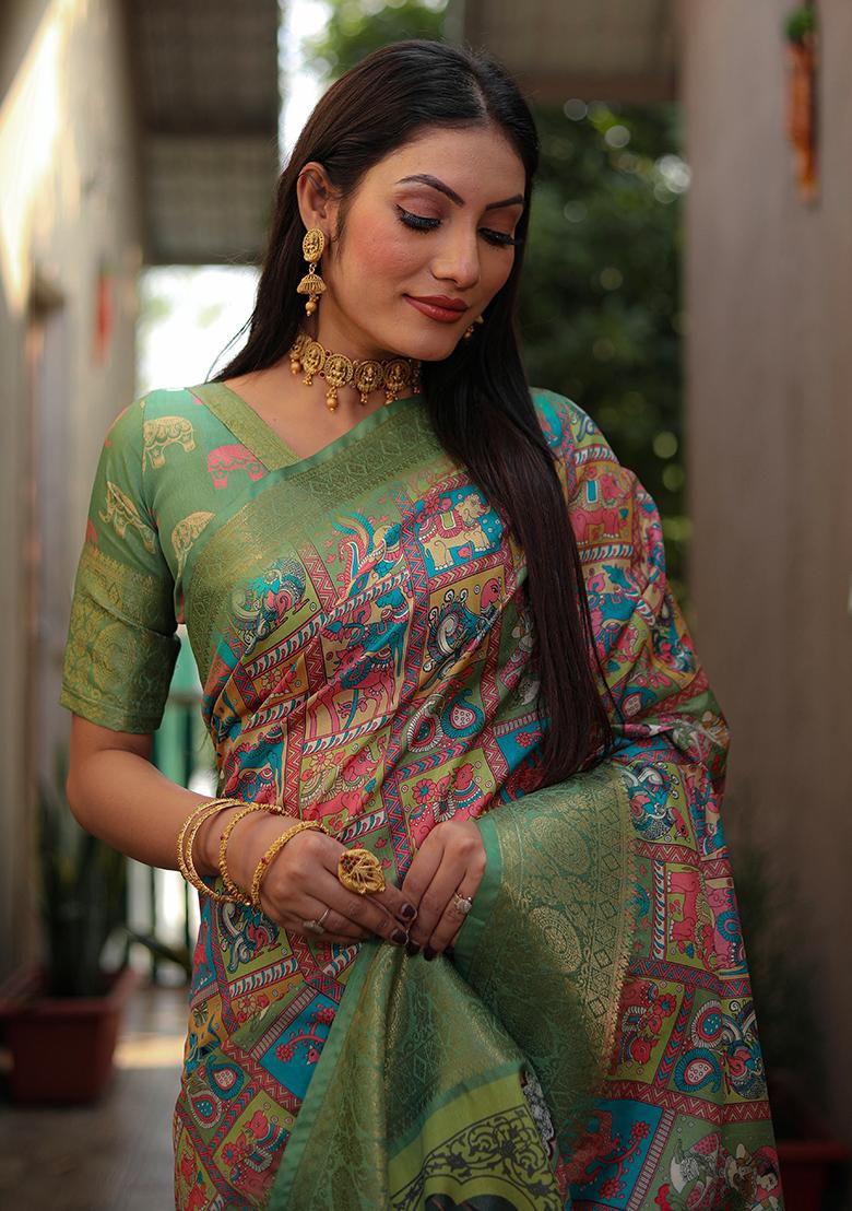 Green Kalamkari Print Silk Saree Set