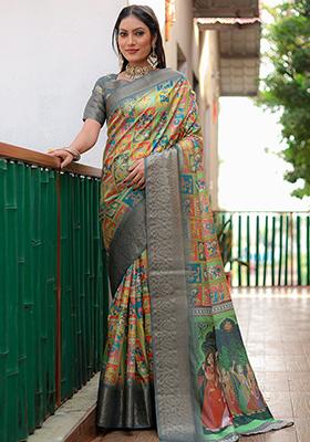 Grey Kalamkari Print Silk Saree Set