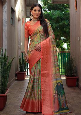 Orange Kalamkari Print Silk Saree Set