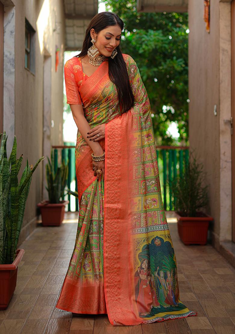 Orange Kalamkari Print Silk Saree Set