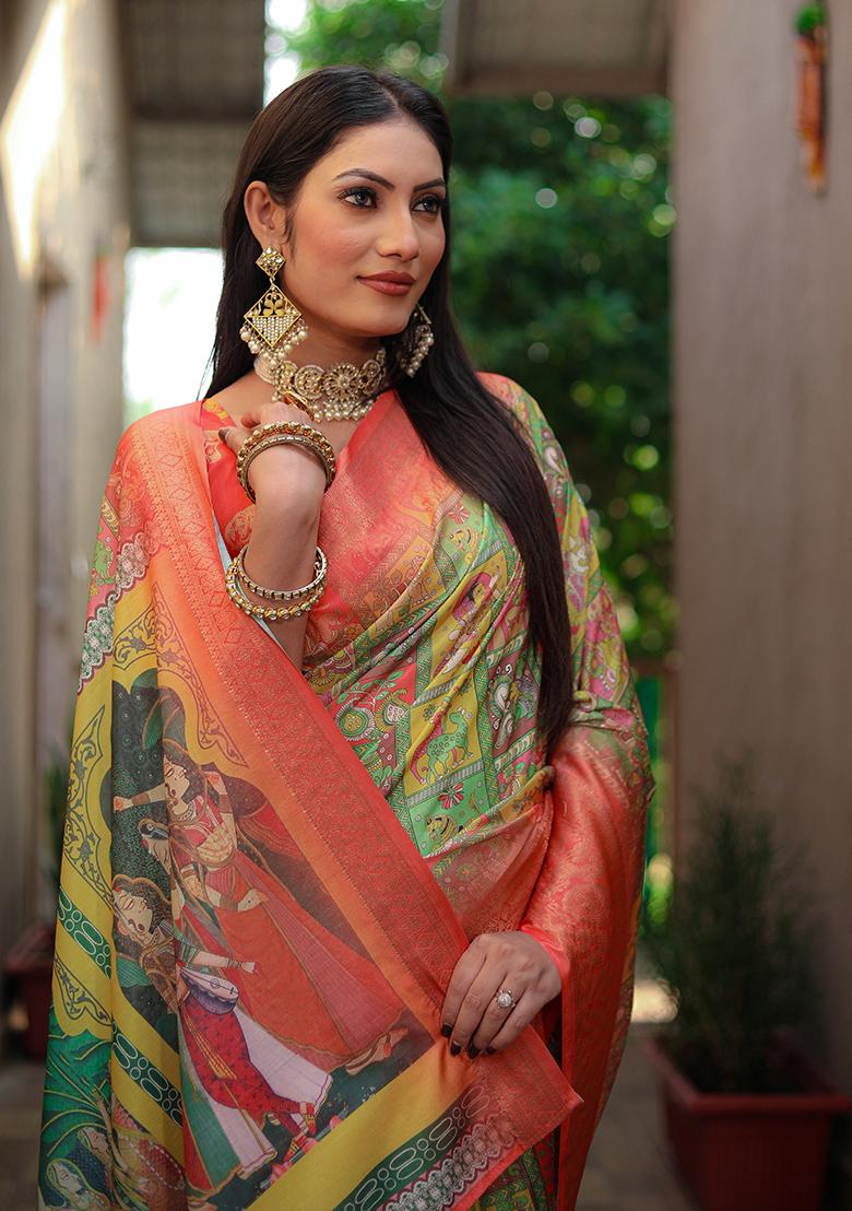 Orange Kalamkari Print Silk Saree Set